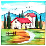 Ceramiche Sberna - Italian Ceramic Tile/Trivet - Tuscan Landscape - 20 x 20 cm - These beautiful Italian Majolica Ceramic Tiles handcrafted in Deruta, Italy will make quite an impression in your Kitchen, Bath, Patio, Tabletops or wherever. Can also be used as a trivet. Made by Ceramiche Sberna, Deruta, Italy.