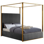 Meridian Furniture - Jones Upholstered Bed, Gray, King, Velvet - Dream big in the Jones grey velvet canopy bed. This handsome Meridian Furniture bed has a channel tufted headboard, giving the bed a regal and sophisticated look. The headboard is tufted for added elegance, and the bed comes with a brushed brass metal canopy, adding to its overall elegance and grandeur. Grey velvet fabric used on the sides and headboard gives it a luxe vibe, and the headboard is heavily padded, making it an ideal backrest for reading or watching TV.