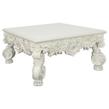 Benzara BM279003 Square Coffee Table, Ornate Floral Carvings, Claw Feet, White
