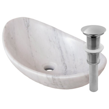 Carrara White Marble Slipper Vessel Sink and Drain, Brushed Nickel