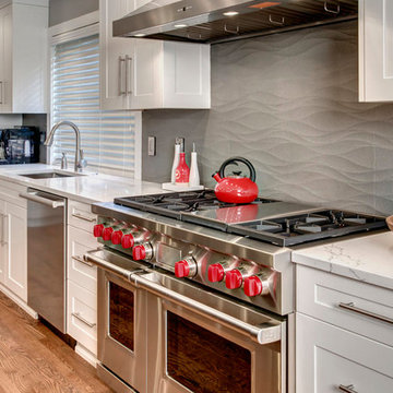 White Painted Cabinetry with Walnut island