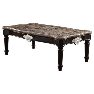 Classic Coffee Table, Wooden Legs With Rectangular Faux Marble Top, Black/Brown