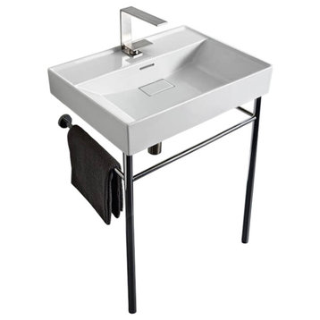 Rectangular White Ceramic Console Sink and Polished Chrome Stand, One Hole