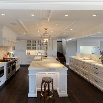 Great room/kitchen with white marble