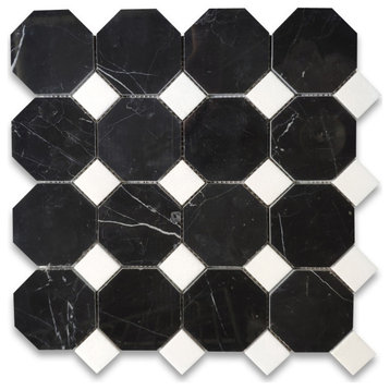 Nero Marquina Black Marble Octagon Mosaic Tile White Dots Polished, 1 sheet