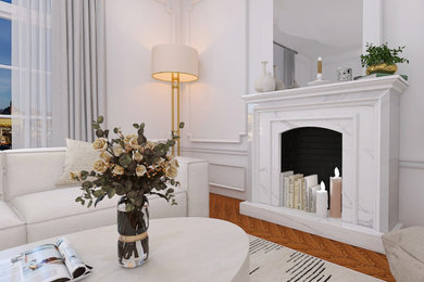 Aménagement d'un salon classique avec un manteau de cheminée en béton et un sol marron.