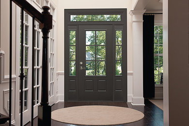Entryway - large contemporary dark wood floor and brown floor entryway idea in Detroit with white walls and a glass front door