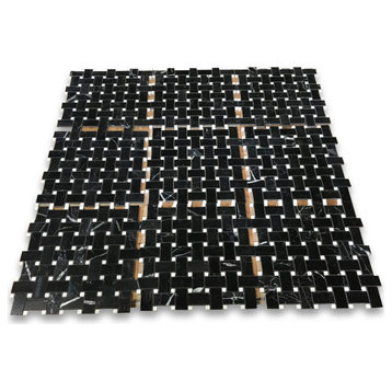 Nero Marquina Black Marble Basketweave Mosaic Tile White Dots Polished, 1 sheet