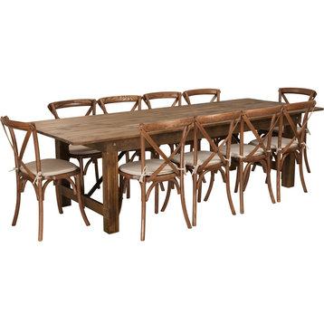 9'x40'' Antique Rustic Folding Farm Table Set,10 Cross Back Chairs and Cushions
