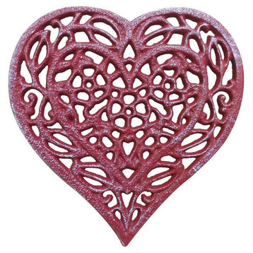 Rustic Red Whitewashed Cast Iron Heart Shaped Trivet 7"