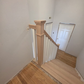 New Red Oak Stair Treads with White Risers and Custom All-Wood Railing