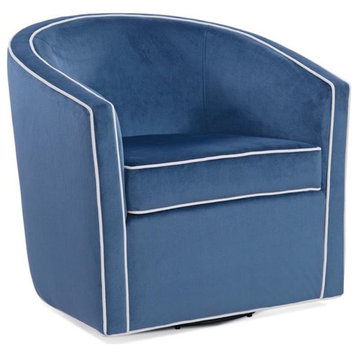 Bowery Hill Mid-Century Velvet with Cream Welt Barrel Swivel Chair in Blue