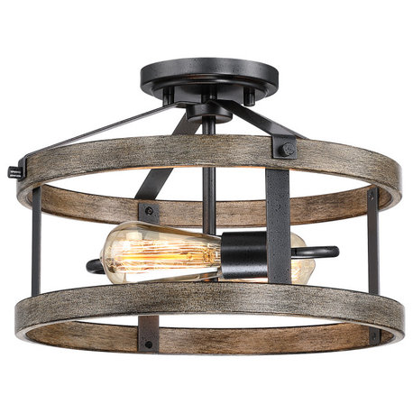 13" W 2-Light Natural Iron and Distressed Faux Wood Semi-Flush Mount Light