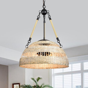 3-Light Black Steel and Antique Silver Bamboo Bowl Chandelier