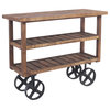 Golden Mango Wood Trolley Console With Shelves on Heavy Iron Wheels