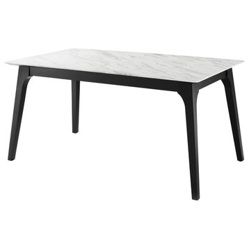 63" Dining Table, Rectangular, White Black, Wood, Artificial Marble, Modern