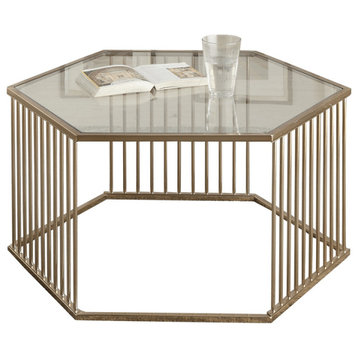 34" Champagne And Clear Glass And Metal Hexagon Coffee Table