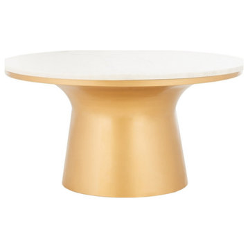 Lana Pedestal Coffee Table, White Marble/Brass