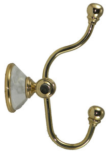 Double Robe Hook With Arabescato Marble Accents, Antique Bronze