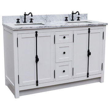 55" Double Vanity, Glacier Ash Finish With White Carrara Marble Top