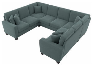 Stockton 112W U Shaped Sectional Couch in Turkish Blue Herringbone Fabric