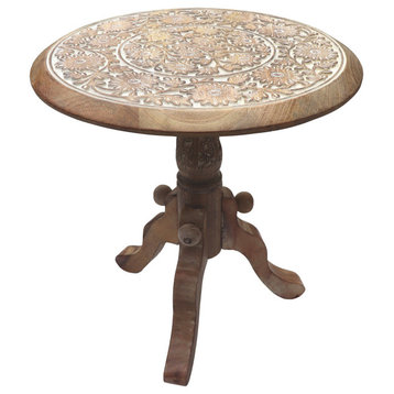Intricately Carved Round Top Mango Wood Side End Table With Pedestal Base