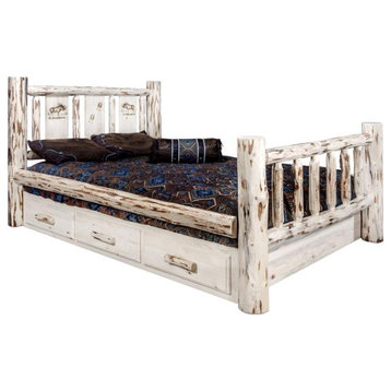 Montana Woodworks Wood Queen Storage Bed with Engraved Moose Design in Natural