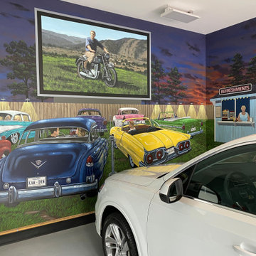 1950's Drive-In Theater Mural painted throughout a garage by Tom Taylor