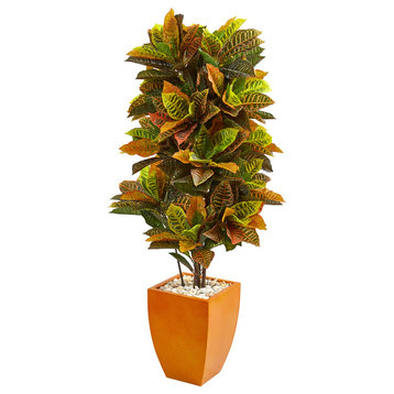 Nearly Natural 5.5' Croton Artificial Plant in Orange Planter (Real Touch)