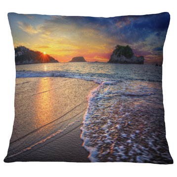 Sandy Beach With Rush Waves Seashore Throw Pillow, 16"x16"