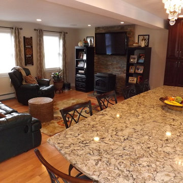 Cambria Quartz, pellet stove family room
