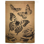 Breeze Decor - Butterflies Burlap 2-Sided Vertical Impression House Flag - Size: 28 Inches By 40 Inches - With A 4"Pole Sleeve. All Weather Resistant Pro Guard Polyester Soft to the Touch Material. Designed to Hang Vertically. Double Sided - Reads Correctly on Both Sides. Original Artwork Licensed by Breeze Decor. Eco Friendly Procedures. Proudly Produced in the United States of America. Pole Not Included.