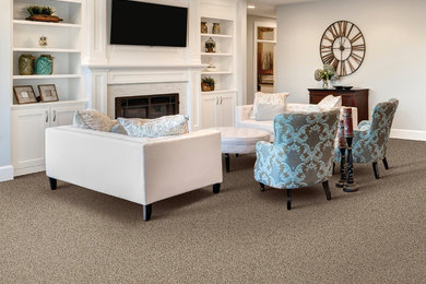 Large trendy formal and open concept carpeted and blue floor living room photo in Minneapolis with white walls, a standard fireplace, a metal fireplace and no tv
