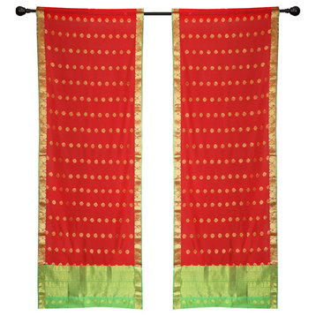 2 Red Bohemian Indian Sari Curtains Rod Pocket Living Room -43W x 96L