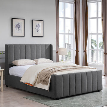 GDF Studio Riley Traditional Fully-Upholstered Queen Bed Frame, Charcoal Gray