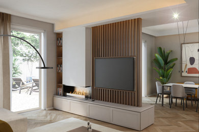 Offenes Modernes Wohnzimmer mit grauer Wandfarbe, Eckkamin, verputzter Kaminumrandung und Multimediawand in Rom