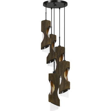 60W Zamora 5-Light Wood Pendant With Clear Glass Shade