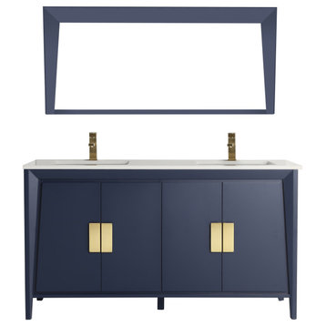 60" Larvotto Navy Blue Modern Double Sink Bathroom Vanity, With Matching Mirror