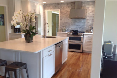 Example of a mid-sized transitional l-shaped dark wood floor open concept kitchen design in Boston with an undermount sink, raised-panel cabinets, white cabinets, marble countertops, gray backsplash, stone tile backsplash, stainless steel appliances and an island