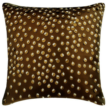 Sequins Embellished Brown Faux Leather & Suede 14"x14" Pillow Cover, Awestruck