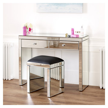 Venetian Mirrored Two Drawer Dressing Table with Black Stool