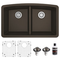 Karran Undermount Quartz 32" 50/50 Double Bowl Kitchen Sink Kit, Brown
