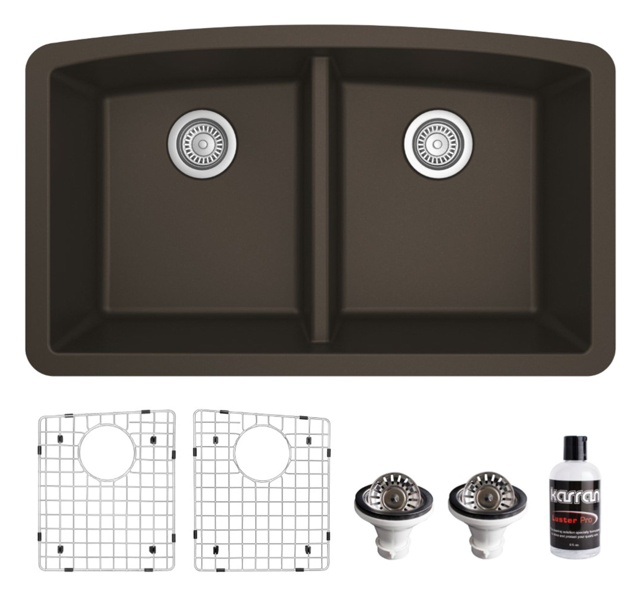 Karran Undermount Quartz 32" 50/50 Double Bowl Kitchen Sink Kit, Brown