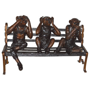 Three wise monkeys on bench large bronze statue bronze - Size: 52" x 32" x 36"