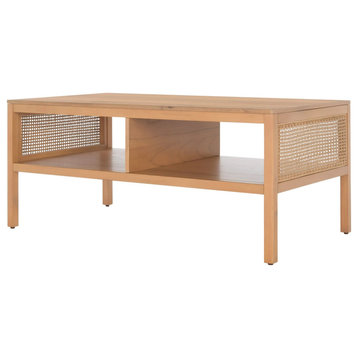 Contemporary Coffee Table, 2 Open Compartments With Mesh Rattan Sides, Natural