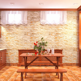 Photo of a medium sized rustic look-out basement in Nashville with beige walls, terracotta flooring, no fireplace and a stone fireplace surround.