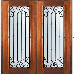 Pre-hung Double Door 80 Wood Mahogany Valencia Full Lite Wrought Iron - Front Doors