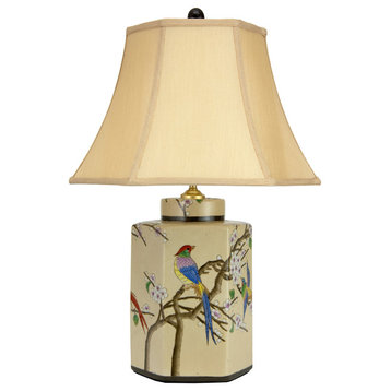 22" Birds and Flowers Porcelain Jar Lamp
