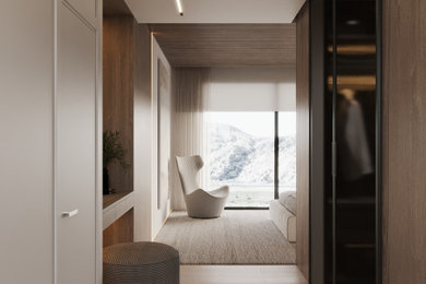Foto de dormitorio blanco y madera y principal minimalista grande con paredes blancas, suelo de madera clara, suelo beige, madera y con escritorio