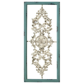 HomeRoots Distressed White and Turquoise Framed Scroll Metal Panel